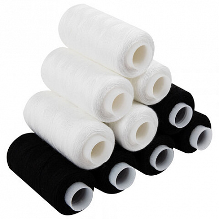 Нитки швейные 45 ЛЛ, 200 м, полиэстер, НАБОР 12 штук, 6 белых / 6 черных, DEVELIA (Девелиа), 609620