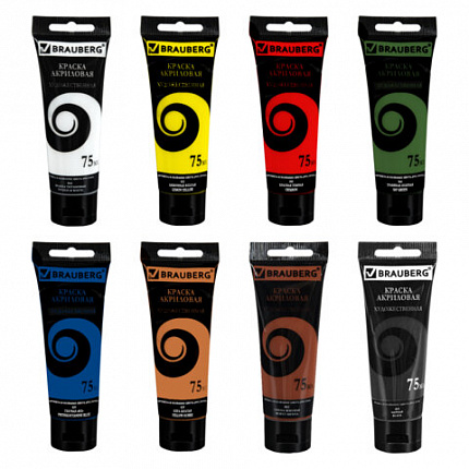 Краски акриловые художественные матовые 8 цветов в тубах по 75мл BRAUBERG ART "DEBUT", 192418