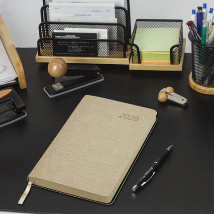 Ежедневник датированный 2026 А5 138x213 мм, BRAUBERG "Stylish", под кожу, гибкий, бежевый, 117104