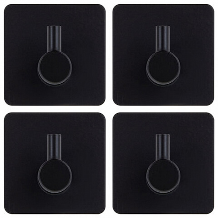 Крючки самоклеящиеся универсальные 4,5x4,5 см, КОМПЛЕКТ 4 шт., сталь, черные, LAIMA Home, 608786