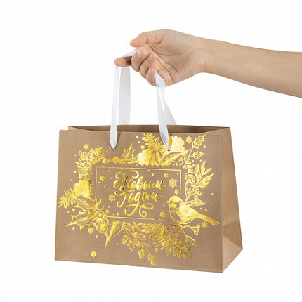 Пакет подарочный (1 шт.) новогодний, 27х11х20 см, "Shiny Kraft", фольга, ассорти, ЗОЛОТАЯ СКАЗКА, 592437