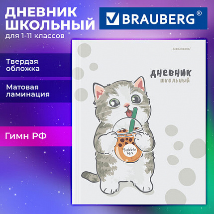 Дневник 1-11 класс 40л, твердый, BRAUBERG, матовая ламинация, Котёнок, 107601