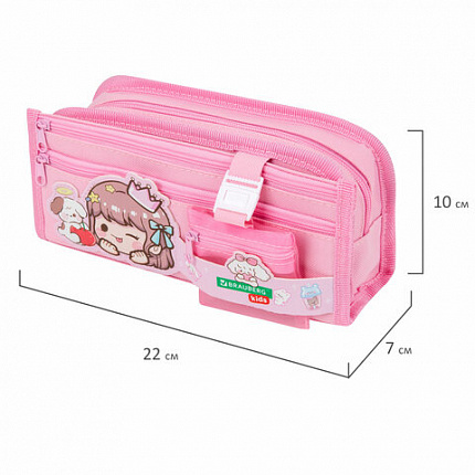 Пенал мягкий BRAUBERG KIDS, 3 отделения, кармашек на карабине, полиэстер, "Sweet friends", 22х10х7 см, 273558
