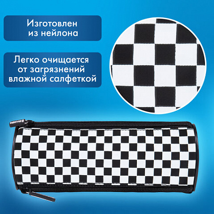 Пенал мягкий BRAUBERG, 3 отделения, нейлон, 21х7х7 см, "Черно-белый стиль", 273582