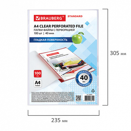 Папки-файлы перфорированные А4 BRAUBERG "STANDARD", КОМПЛЕКТ 100 шт., гладкие, 40 мкм, 229661