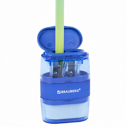 Точилка с ластиком 2 в 1 BRAUBERG "Double", 2 отверстия, яркие цвета корпуса ассорти, 271987