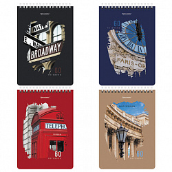 Блокнот А5, 146х206 мм, 60 л., гребень, картон, жесткая подложка, клетка, BRAUBERG, "Города", 114369