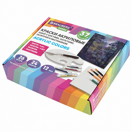 Краски акриловые художественные 26 шт. по 12 мл, холсты 3 шт., кисти 6 шт., аксессуары, 37 предметов, BRAUBERG HOBBY, 192544
