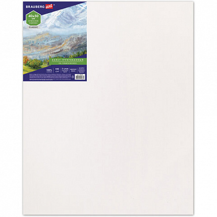 Холст на подрамнике BRAUBERG ART CLASSIC, 40х50 см, 440 г/м2, грунт, 100% хлопок, крупное зерно, 190646