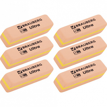 Ластики BRAUBERG "Ultra" НАБОР 6 шт., размер ластика 41х14х8 мм, оранжевые, натуральный каучук, 229601