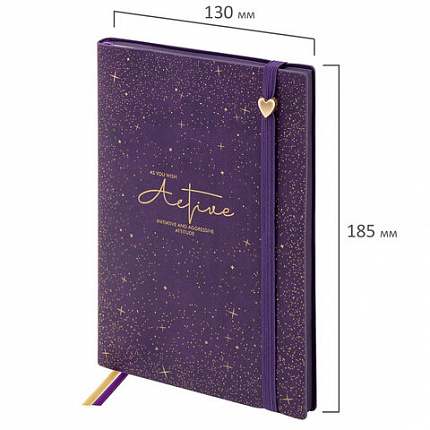 Блокнот B6 130x184мм BRAUBERG "Stellar", под кожу, 80 листов, фольга, резинка, клетка, фиолетовый, 118655