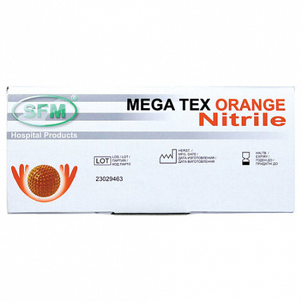 Перчатки нитриловые сверхпрочные с текстурой SFM MEGA TEX ORANGE, Германия, 25 пар (50 штук), размер M (средний), 4036534913208