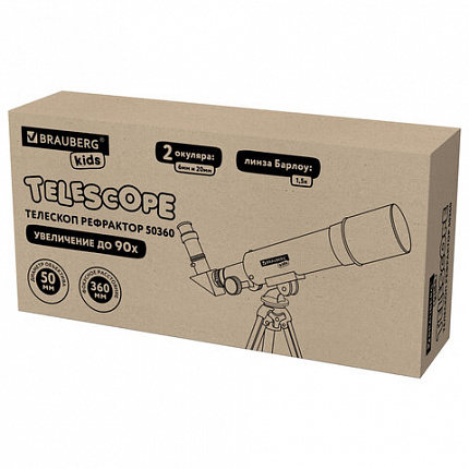 Телескоп рефрактор астрономический настольный, увеличение 90х, объектив 50 мм, фокус 360 мм, видоискатель, 50360, BRAUBERG KIDS, 391396