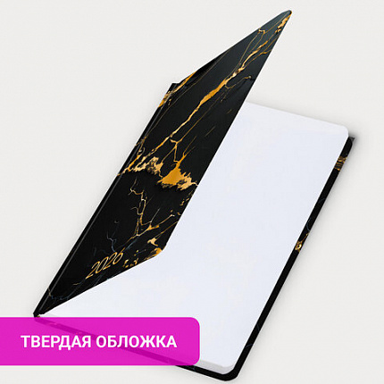 Ежедневник датированный 2026 с резинкой 145х203 мм, А5, BRAUBERG, твердый, фольга, "Черный мрамор", 117338