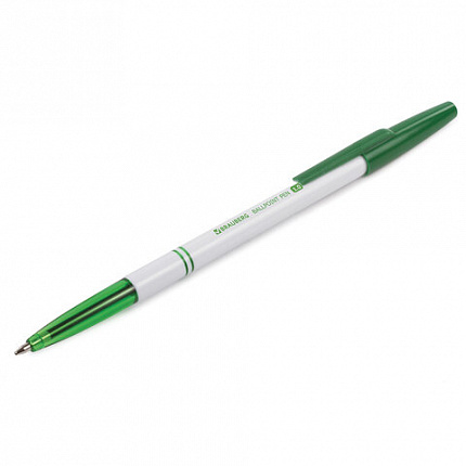Ручка шариковая BRAUBERG "Офисная", ЗЕЛЕНАЯ, корпус белый, узел 1 мм, линия письма 0,5 мм, 141511