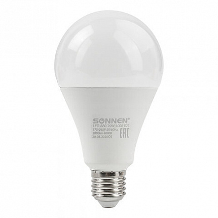 Лампа светодиодная SONNEN, 20 (150) Вт, цоколь Е27, груша, нейтральный белый, 30000 ч, LED A80-20W-4000-E27, 454922