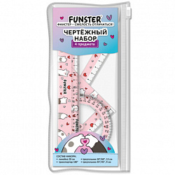Набор чертежный FUNSTER (линейка 20 см, 2 треугольник, транспортир), "КОТЫ", пенал, 210912