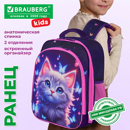 Ранец BRAUBERG KIDS STANDARD, 2 отделения, "Любознательный кот", 36х28х14 см, 273145