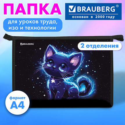 Папка для труда на молнии BRAUBERG А4, 2 отделения, органайзер, "Сияющий котик", 274531