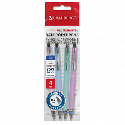Ручки шариковые автоматические BRAUBERG "VIVID PASTEL", СИНИЕ, НАБОР 4 ШТУКИ, soft-touch, пишущий узел 0,7 мм, линия письма 0,35 мм, 144408