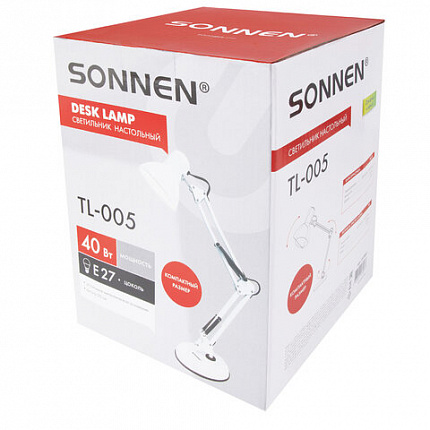 Настольная лампа-светильник SONNEN TL-005, подставка, 40 Вт, Е27, белый, высота 50 см, 237647