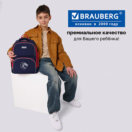 Рюкзак BRAUBERG CLASSIC, легкий каркас, премиум материал, "Лев", синий, 37х32х21 см, 228829