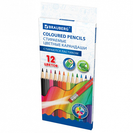 Карандаши цветные стираемые с ластиком BRAUBERG ERASABLE, 12 цветов, шестигранные, 182070