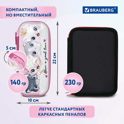 Пенал BRAUBERG, 1 отделение, 1 откидная планка, ЭВА, 22х10х5 см, "Котята", 270700