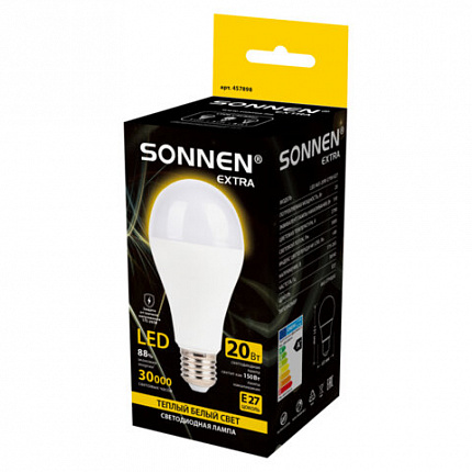 Лампа светодиодная SONNEN EXTRA, 20 (150) Вт, Е27, груша, теплый белый, 30000 ч, LED A65-20W-2700-Е27, 457898