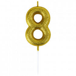 Свеча-цифра для торта "8" золотая с глиттером, 6 см, ЗОЛОТАЯ СКАЗКА, на шпажке, в блистере, 591421