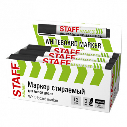 Маркер стираемый для белой доски ЧЕРНЫЙ, STAFF "MANAGER" WBM-300, 3 мм, с клипом, 152636