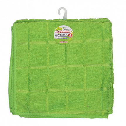 Салфетки из МИКРОФИБРЫ универсальные 40х40 см, КОМПЛЕКТ 3 шт., КЛЕТКА, зеленые, 220 г/м2, ЛЮБАША, 603948