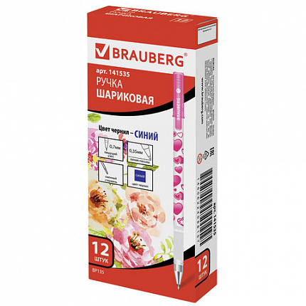 Ручка шариковая BRAUBERG "Сердечки", СИНЯЯ, корпус с печатью, узел 0,7 мм, линия письма 0,35 мм, 141535