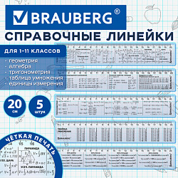 Линейки пластиковые 20 см справочные BRAUBERG, НАБОР 5 шт, для 1-11 классов, пенал, 210893