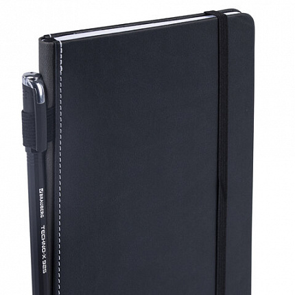 Блокнот А5 135x212мм BRAUBERG "Soft touch" под кожу, резинка, держатель, 80л клетка, черный, 117145