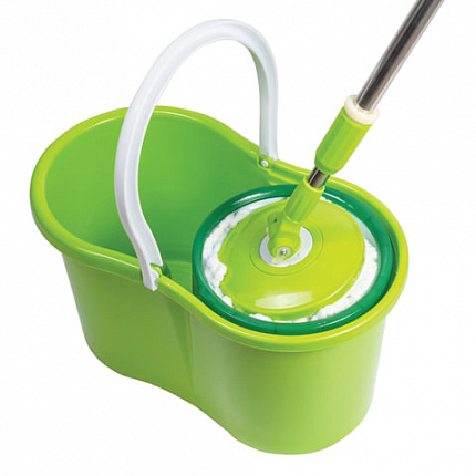 Швабра с отжимом и ведром 7л/5л, отжим центрифуга / рукоятка, 2 круглые насадки, крепление кольцо, зеленый, LAIMA 603624