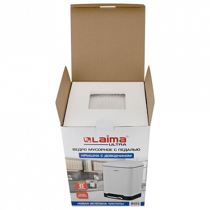 Ведро мусорное с педалью 6 л, крышка с доводчиком, белое матовое, металл, LAIMA ULTRA, 701569