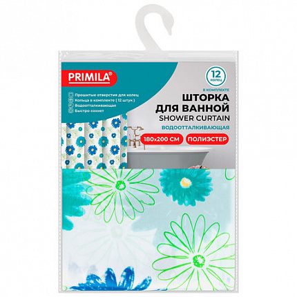 Шторка для ванной ПОЛИЭСТЕР, 180х200 см, кольца в комплекте, ЦВЕТЫ, PRIMILA (ПРИМИЛА), 700082