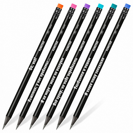 Набор карандашей чернографитных c забавной надписью FUNSTER (ФАНСТЕР) FUNNY NOTES BLK, 6 штук, HB, с ластиком, 182039