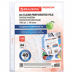 Папки-файлы перфорированные А4 BRAUBERG "PREMIUM", КОМПЛЕКТ 100 шт., гладкие, 40 мкм, 273007