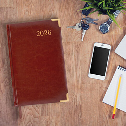 Ежедневник датированный 2026, А5, 138x213 мм, BRAUBERG "Senator", под кожу, коричневый, 117090