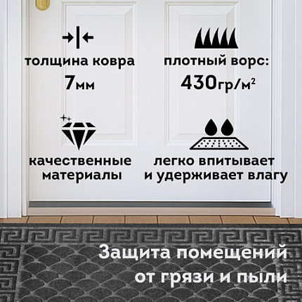 Коврик придверный 60х90 см, СЕРЫЙ, грязезащитный, 430 г/м2, фактурный рисунок ЧЕШУЙКИ, ЛЮБАША, 701061