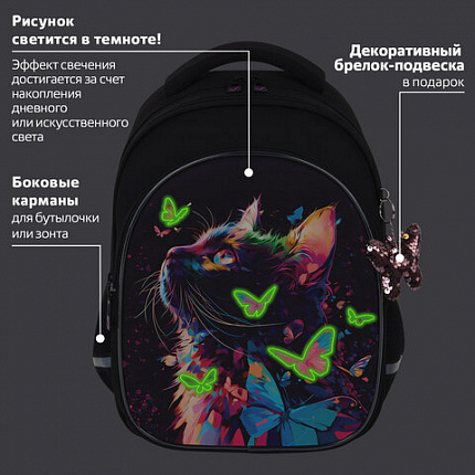 Рюкзак BRAUBERG OPTIMA, 2 отделения, с брелоком, "Ловец бабочек", СВЕТЯЩИЙСЯ, 36х27х18 см, 272097