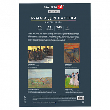 Бумага для пастели АБРАЗИВНАЯ А3 в папке, 20 листов 5 цветов, 240 г/м2, BRAUBERG ART, 117764