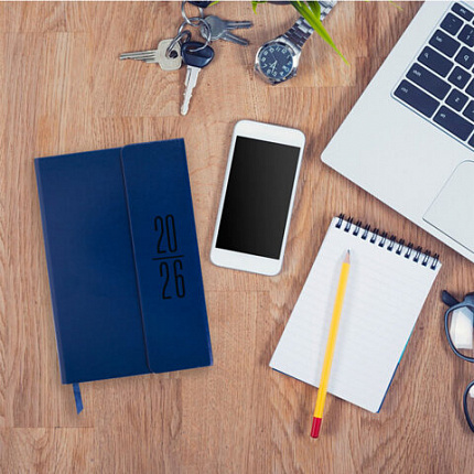 Ежедневник датированный 2026, А5, 138x213 мм, BRAUBERG "Towny", под кожу, клапан, синий, 117040