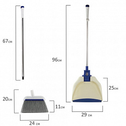 Совок для мусора КОМПЛЕКТ щетка + 2 рукоятки по 67 см металлические, резиновая кромка, сине-белый, LAIMA, 601473