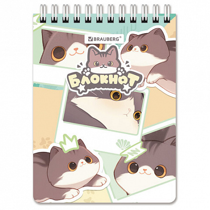 Блокнот МАЛЫЙ ФОРМАТ А6 108х145 мм, 60 л., гребень, картон, клетка, кросс-серия "МИЛЫЕ КОТЫ", BRAUBERG, 116987