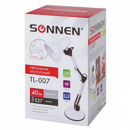 Настольная лампа / светильник SONNEN TL-007, подставка + струбцина, 40 Вт, Е27, БЕЛЫЙ, высота 60 см, 235539