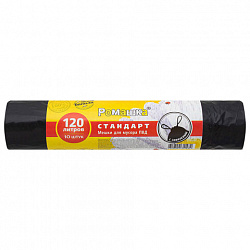 Мешки для мусора с завязками 120 л черные в рулоне 10 шт., ПВД 30 мкм, 70х110 см, РОМАШКА, ЗВС-120/10/12/Ч