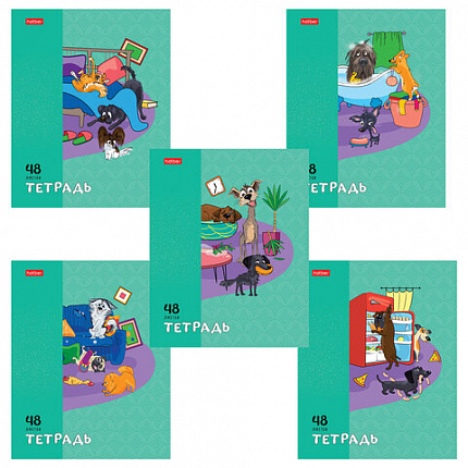 Тетрадь А5 48 л., HATBER скоба, клетка, обложка картон, "Dog mafia" (микс в спайке), 083566, 48Т5В1